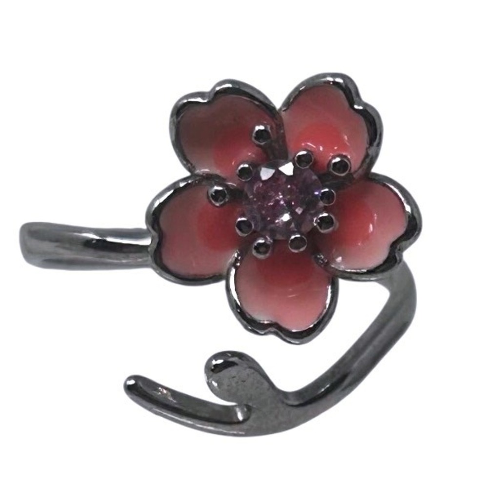Pink Cherry Blossom‎ Enamel Bypass Ring Silver S925 Crystal Center Size 6.5